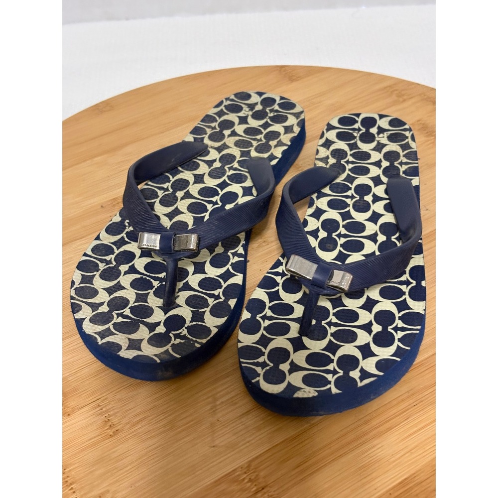 Coach Womens Signature Monogram Flip Flop Sandals Navy White Blue Size 5/6